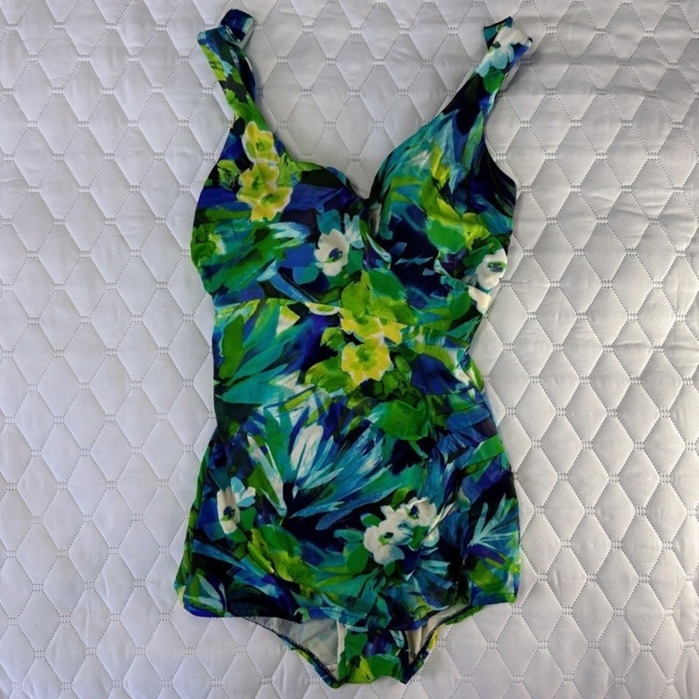 Maxine of Hollywood One Piece Swimsuit Womens 12 Blue Green Floral
